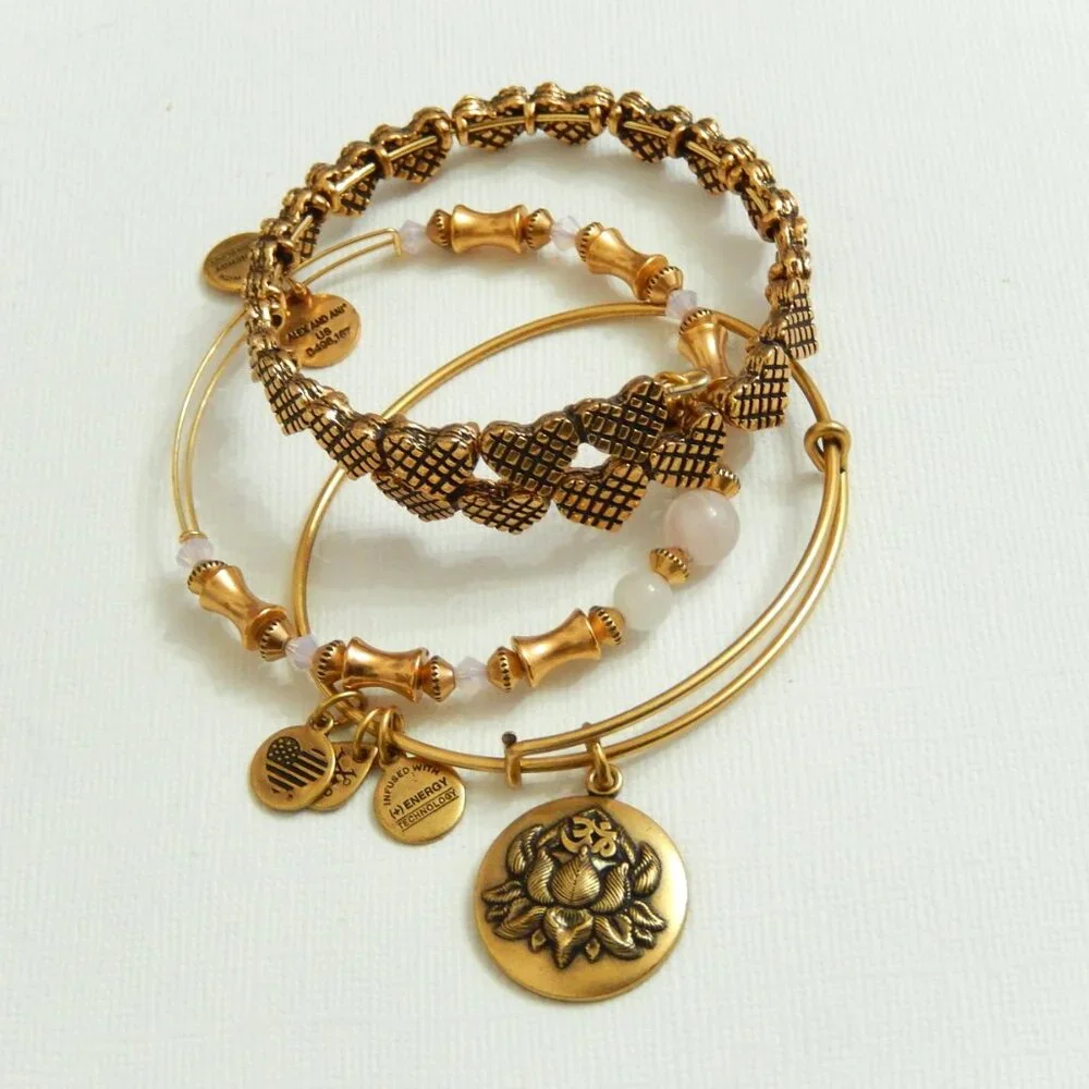 Alex and Ani 3 Pc Bracelet Set Rose Gold Hearts Lotus Peace Petals Rose Quartz